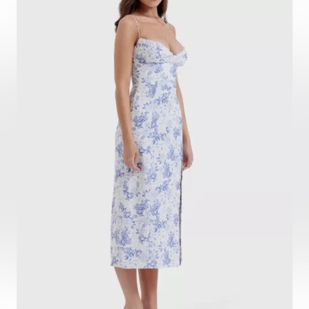HOUSE OF CB CHARLOTTE Blue White Floral Midi Dress side Slit  size L
